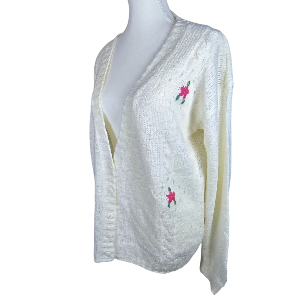 Vintage Michelle Louise Knit Cottagecore Floral Embroidered Deep V Cardigan M